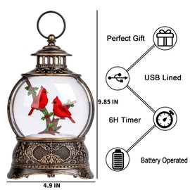 Christmas Village Snow Globe Lighted Cardinal Holly Scene, Musical Snow Water Lantern Swirling Glittering Home Decoration and Gift, Battery Operated or USB Powered