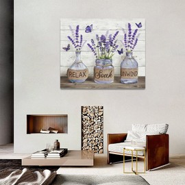 Farmhouse Bathroom Decor Wall Art Purple Lavender Bathroom Pictures for Wall Rustic Country Bathroom Canvas Prints Bathroom Sign Painting Framed Artwork Decor for Bathroom Bedroom 16"x20"