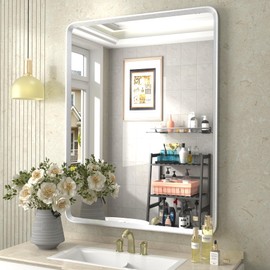 GOLOMO 28X36 Brushed Silver Mirror for Bathroom, Nickel Silver Metal Framed Vanity Mirror with Beveled Border, Round Corner, Shatterproof, Anti-Rust (Horizontal/Vertical)