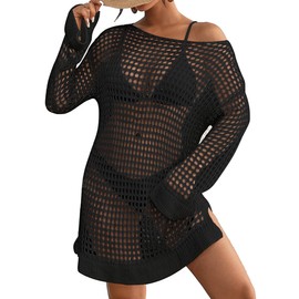 Bsubseach Women Knit Bathing Suit Coverups Side Split Beach Hollow Out Summer Outfits Black