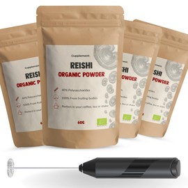 Cupplement - 4 Beutel Reishi 60 Gramm - Bio - Kostenloser Scoops & Aufschäumer - Höchste Qualität Pilz-Pulver - Kein Kapsel - Mushroom - Nehmen Sie 2 Kapseln pro Tag - 60 Kapseln - Pilz