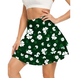WOWENY Women's Athletic Pleated Tennis Skirt Ladies Active Layered Skort with Pocket Running Golf Skirt with Ruffle for Workout Sports Pickleball(2-Layer Leaf Clover,L)