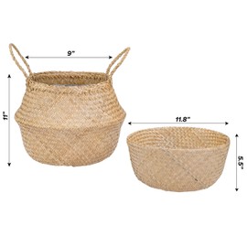 Artera Woven Seagrass Plant Basket - Wicker Belly Basket Planter Indoor with Plastic Liner and Handles, Natural Plant Pot for Fiddle Leaf Fig Tree, Snake Plant (Medium, Natural)