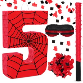 WinnerWhy Number 5 Spider Piñata Bundle with Blindfold and Bat Comic Hero Small Piñata Birthday Party Decoration for Mexican Fiesta Cinco De Mayo Anniversary Celebration Gift, 15.75 x 11 x 2.8 in
