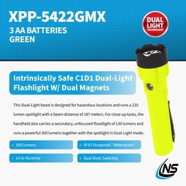 Nightstick XPP-5422GMX X-Series Intrinsically Safe Dual-Light Flashlight with Dual Magnets, Green/Black