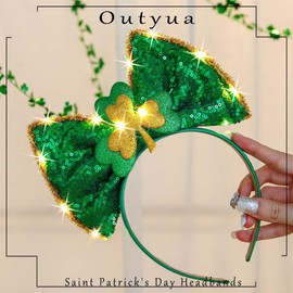 Outyua St Patricks Day Headband Shamrock Green Bow Headbands Sequin Hair Hoops Irish Accessories for Women Costume Party Favor (Led Bow1)