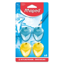 Maped - Set of 4 Igloo Pencil Sharpeners, 1 Hole with Transparent Container, School Supplies for Kids, Ergonomic and Compact, 2 Blue & 2 Yellow
