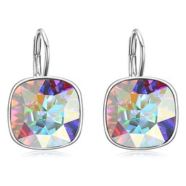 AOBOCO Sterling Silver Leverback Earrings Embellished with Crystals from Austria, Hypoallergenic Cushion Cut Square Crystal Earrings, Fine Anniversary Birthday Jewelry Gifts for Women (Black)