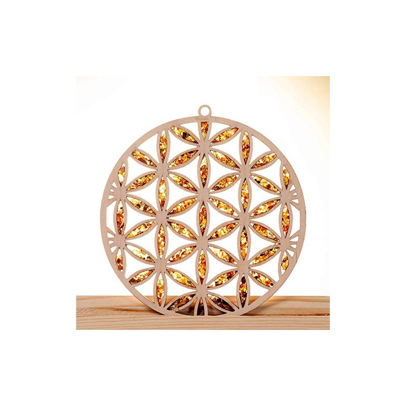 Suncatcher Amber in Birch Wood Flower of Life Window Decoration
