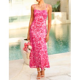 ZESICA Womens Summer Floral Spaghetti Straps Maxi Dress 2025 Sleeveless Square Neck Bodycon Beach Boho Long Dresses,Rose,Small