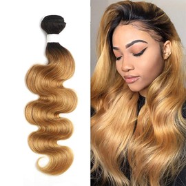 X-TRESS Body Wave Human Hair Bundles One Bundle Ombre Honey Blonde Body Wave Brazilian Hair Weave 100% Human Hair Extensions Bundles Ombre Color 27 Hair Weave(10 Inch,T1B/27)