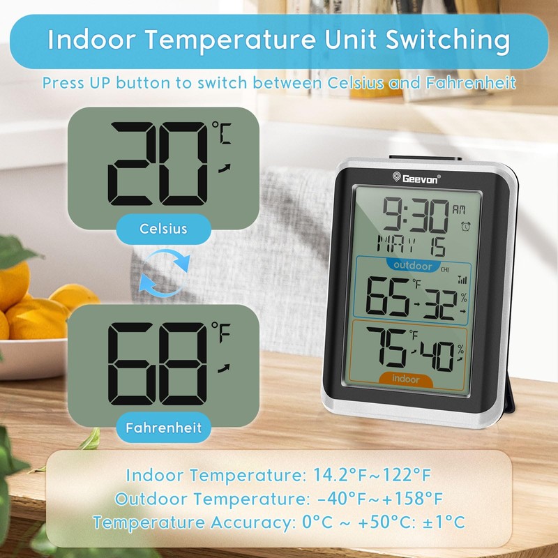 Geevon Wireless Indoor/Outdoor Thermometer & Hygrometer, Digital Temperature & Humidity