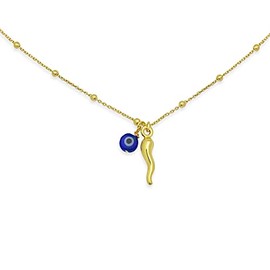 FRONAY Sterling Silver Italian Horn Evil Eye Necklace for Women (Horn & Eye)