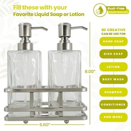 Square Glass Clear Lotion and Soap Pump Dispenser Set with Metal Stand Caddy for Bathroom Bath Kitchen Home Office Travel Hotel Hand Crafted Heavy Weight Nickel