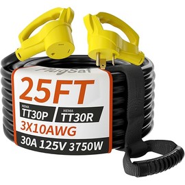 25 FT 30 Amp RV Extension Cord Outdoor with Grip Handle, Flexible Heavy Duty 10/3 Gauge STW RV Power Cord Waterproof with Cable Organizer, NEMA TT-30P to TT-30R, Black-Yellow, ETL Listed