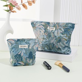 BOCGRPU 2 PCS Makeup Bag Set，Portable Cosmetic Bag for Purse ，Large Storage Capacity Toiletry Bag Organizer，Travel Pouch with Zipper for Women, (Blue Flower)