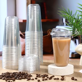 Baderke 50 Pcs Plastic Cups with Sip Lids Round Bottom Disposable Plastic Coffee Cups with Lids Clear Strawless Crystal Mugs for Iced Coffee Smoothie Cold Beverage Party Catering Supplies (18 oz)