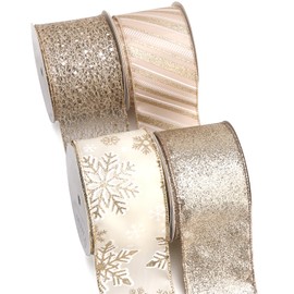 Ribbli Champagne Gold Wired Ribbon for Christmas Tree, Glitter Mesh Snowflake Stripe Christmas Ribbon for Crafts, Wreaths, Topper Bow, Gift Wrapping, Tree Decoration-4Rolls 2-1/2 Inch Total 40 Yard