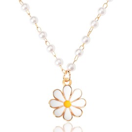 Daisy Flower Necklace White Pearl Necklaces for Women Girls Daisy Pendant Necklace Boho Sunflower Necklaces Pearl Chain Necklace for Women Flower Bead Necklaces Daisy Themed Birthday Gift