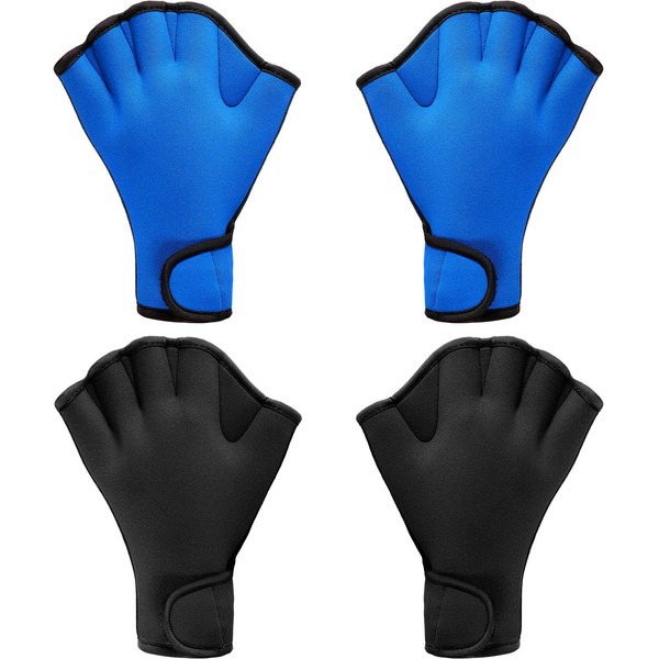 2 Pairs Swimming Gloves Aquatic Swim Training Gloves Neoprene Gloves Webbed Fitness Water Resistance Training Gloves for Swimming Diving with Wrist Strap (Black, Blue,Medium)