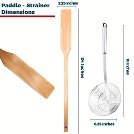 Extra Long 24 Inch Wooden Spoon and 16 Inch Stainless Steel Spider Strainer Skimmer, Large Wood Stirring Paddle for Cooking, Mixing, Home Brewing, Cajun Crawfish, Seafood and Crab Pot Boil Accessories