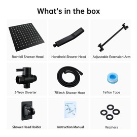 BELLEARLY All Metal 12'' Rain/Rainfall Shower Head with Handheld Spray Combo, High Pressure Square Shower Head with 13'' Extension Arm, Dual Black Shower Heads with 78'' Hose, Waterfall Showerhead