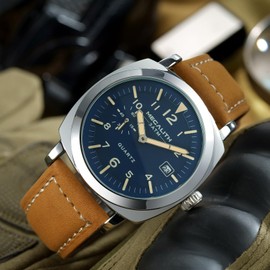 MEGALITH Men's Watch Military Sport Outdoor Waterproof with Leather Strap - Large Dial Luminous Calendar Date Analogue Quartz Watch Men's Wrist Watch Design, D-3 Brown/Blue, military