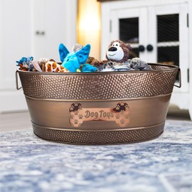 Indestructible Metal Toy Bin - Galvanized Metal Bin with Handles for Accessory Storage - Pet Toy Basket, Blanket Basket - Pawprint Design Dog Toy Box, Home Farmhouse Decor (Copper - 25 Quart)