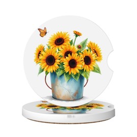 Neukim 2 Pack Yellow Sunflower Butterfly Car Cup Holder Coasters, 2.56 Inch Watercolor Anti Slip Ceramic Absorbent Coaster with Cork Base and Finger Notch Car Accessories Interior for Women & Men