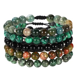 5pcs Semi-Precious Gemstones Bracelets, 8mm Round Bead Adjustable Beaded Crystal Stone Stretch Bracelets Elastic Stylish Jewelry Set for Women and Men for Meditation Yoga(5 Styles)