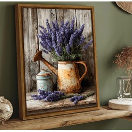 Qenundme Framed Vintage Lavender Flower Canvas Wall Art Antique Water Jug Pictures Prints Farmhouse Paintings Artwork Rustic Cottage Country Floral Wall Decor for Living Room Bathroom Kitchen 16x24in