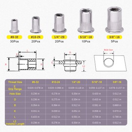 Swpeet 86Pcs 304 Stainless Steel #8-32#10-24 1/4"-20 5/16"-18 3/8"-16 Rivet Nuts Assortment Kit, Flat Head Threaded Insert Nutserts Assort for Automotive, Furniture, Decoration