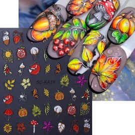 5D Embossed Cute Autumn Nail Decals 2 Sheets Fall Maple Leaf Nail Art Stickers Cartoon Fruit Pumpkin Mushroom Leaves Nail Design Thanksgiving Day Nails Adhesive Stickers for Women DIY Decoration