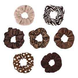 Yonchic 7-Piece Zebra Leopard Print Polka Dot Leather Velvet Solid Scrunchies for Women Girls, No Damage Elastic Hair Ties, Bulk Ponytail Holder Hair Bands, Rubber Band Hair Accessories (Coffee)