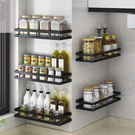YunNasi Kitchen Wall Shelf No Drilling 1 Tier Shower Shelf Spice Rack Black Floating Stainless Steel for Kitchen Bathroom Balcony