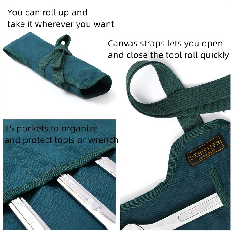 Tool Roll, Durable 16 oz Waxed Canvas Wrench Roll Bag,