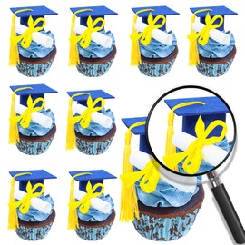Gyufise 24Pcs 3D 2025 DIY Graduation Cap Cupcake Toppers and 24Pcs Diploma Picks 2025 Congrats Grad Cupcake Picks with Tassels for School Boys Girls Graduate Party Decorations Supplies Blue Gold