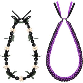 Remuuly 2 Pcs Graduation Leis 2025 Graduation Ribbon Lei Hawaiian Kukui Nut Lei Braided Necklace Beads Necklaces 2025 Graduation Gifts Party Accessories for Women and Men(Black Purple)