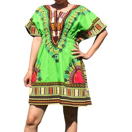 raanpahmuang Coloured Dashiki Camisa elástica Pull en cintura abierto collar, Verde claro, Mediano