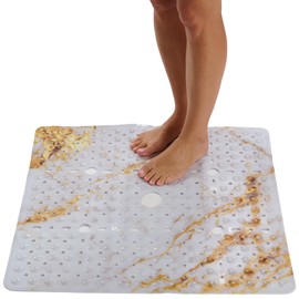ENKOSI Square Shower Mat 27x27 inch - Anti Slip Shower Stall Floor Mat - Non Slip Shower Mats with Strong Secure Suction Cups and Drain Holes in Middle (27x27 Marble White Gold)