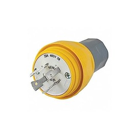 Watertight Devices, Twist-Lock Plug, 20A, 3 Phase 480V AC, 3 Pole, 4 Wire, Thermoplastic elastomer, NEMA L16-20P, Yellow