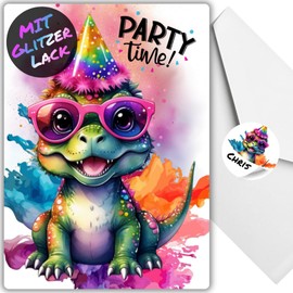 celebr8te 12 x Party Dino Glitter Invitation Cards - Teenager Children's Birthday Boys & Girls - Cool Animal Birthday Invitations + 12 Envelopes + 12 Stickers