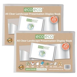 eco-eco 2 Pack A5 50% Recycled 20 Pockets Clear Landscape Presentation Folder Storage Case Art Folder with Plastic Sleeves eco174x2