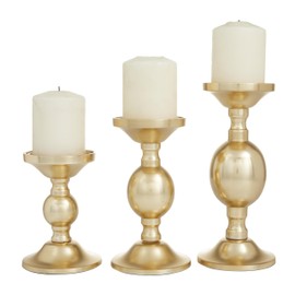The Novogratz Aluminum Metal Decorative Candle Holder Pillar Candle Stand, Set of 3 Candlestick Holder 10", 8", 6"H, Gold