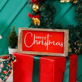 FESTWIND Red Christmas Decor, Wooden Merry Christmas Signs for Desk Shelf Mantel Office, Rustic Christmas Decorations For Table, Farmhouse Christmas Tiered Tray Decor