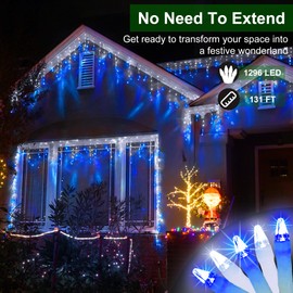 1296 LED Outdoor Christmas Lights with 288 Drops, 131FT Christmas Fairy Lights with 8 Modes Timer, Christmas Twinkly Lights IP44 Waterproof for Eaves Yard Holiday Wedding Party Decor Blue & Cool White
