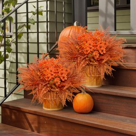 Artificial Faux Fall Flowers for Outdoor Decorations, 8 Bundles Fake Plants Shrubs for Home Fall Decorations, UV Resistant Plastic Plants Fake Mums Daisy for Garden Porch Patio Window Box Autumn Decor