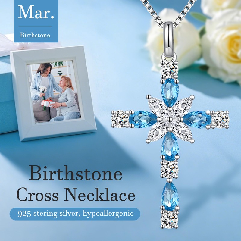 JiaYangJY Sterling Silver Cross Necklace for Women, March Aquamarine Cubic