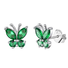 FindChic Sterling Silver Butterfly Earrings for Women May Birthstone Bling Simulated Emerald Hypoallergenic Tiny Stud Earrings Gift for Her