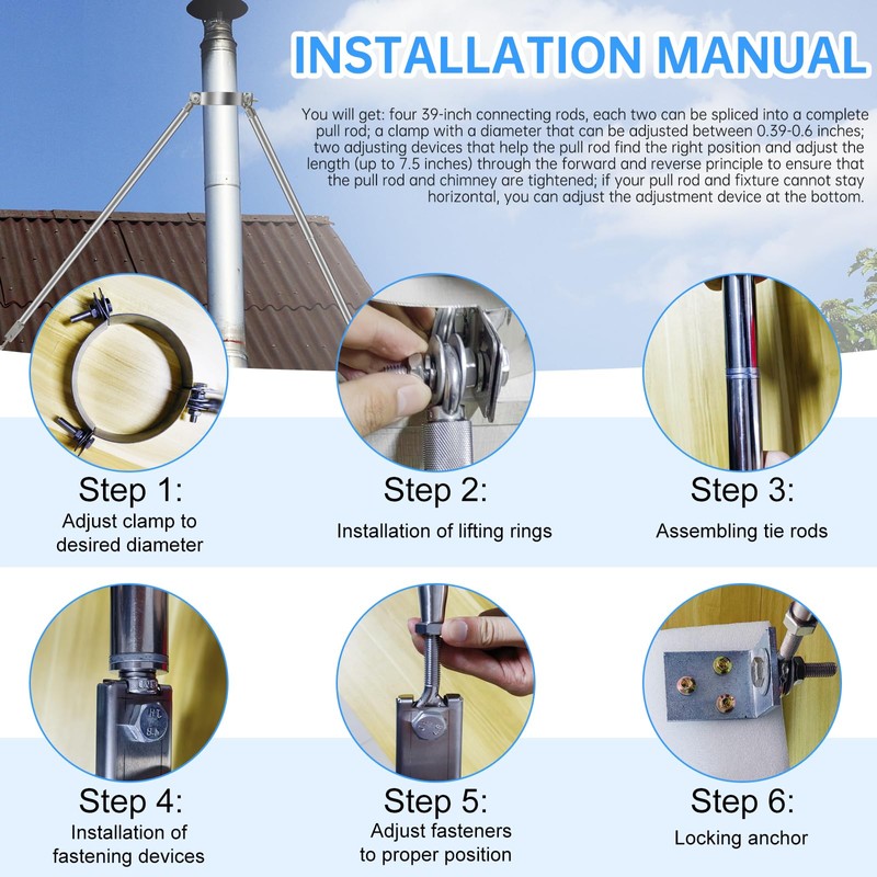 8” Stainless Steel Adjustable Extended Chimney Roof Support Kit -